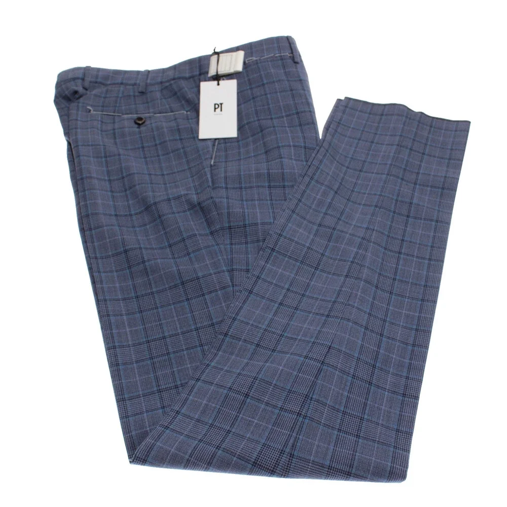 PT Torino NWT Dress Pants Size 50 (US 34) Slim Fit Super 110's Blue Plaid Wool